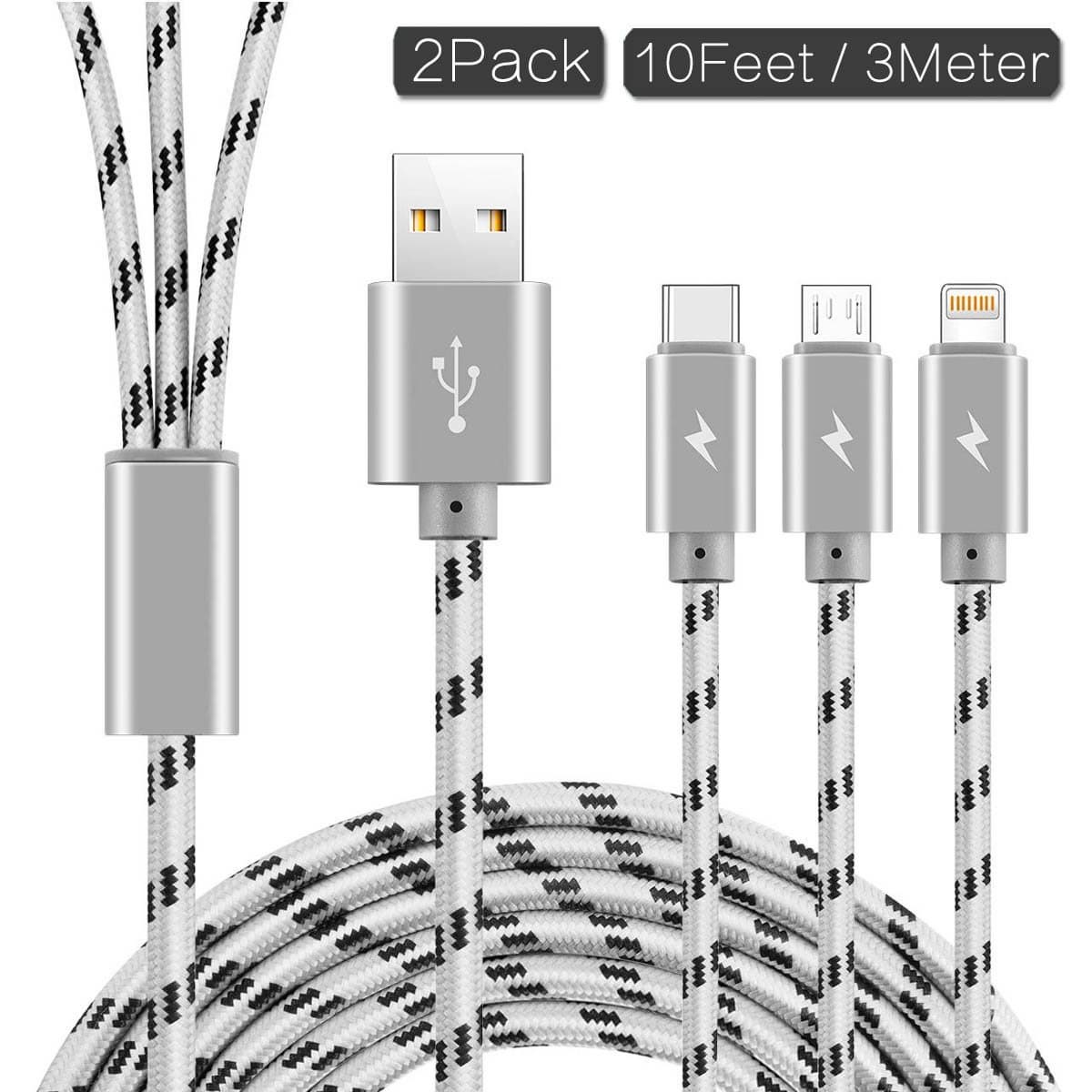 ASICEN 2Pack 3_in_1 10FT Nylon Braided Charge Cables